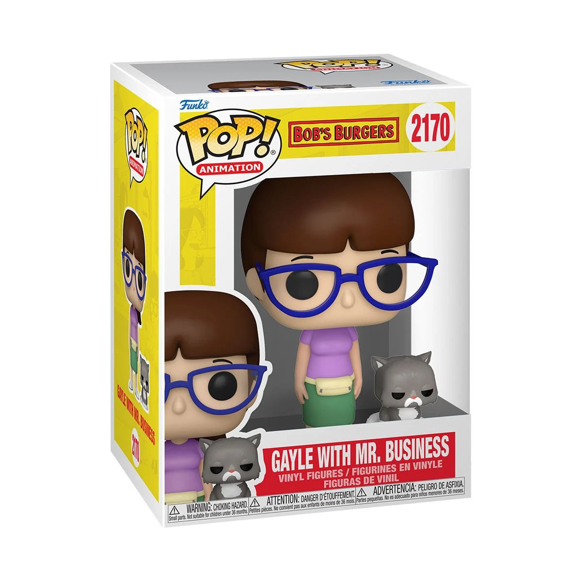 A cardboard box with a transparent front, containing a pair of bobblehead figures depicting Gayle and Mr. Business from Bob's Burgers. Gayle has a purple shirt and green skirt.