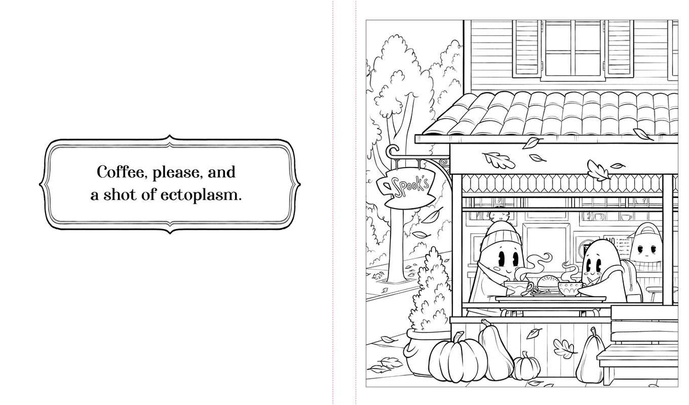 A black and white line art illustration page featuring a storefront scene with cartoon characters, pumpkins, leaves, and a sign that reads, 'Coffee, please, and a shot of ectoplasm.'.