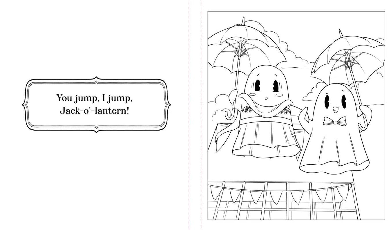Black and white printable coloring page featuring two cartoon ghosts holding umbrellas, with a caption box that reads, 'You jump, I jump, Jack-o'-lantern!' on a white background.