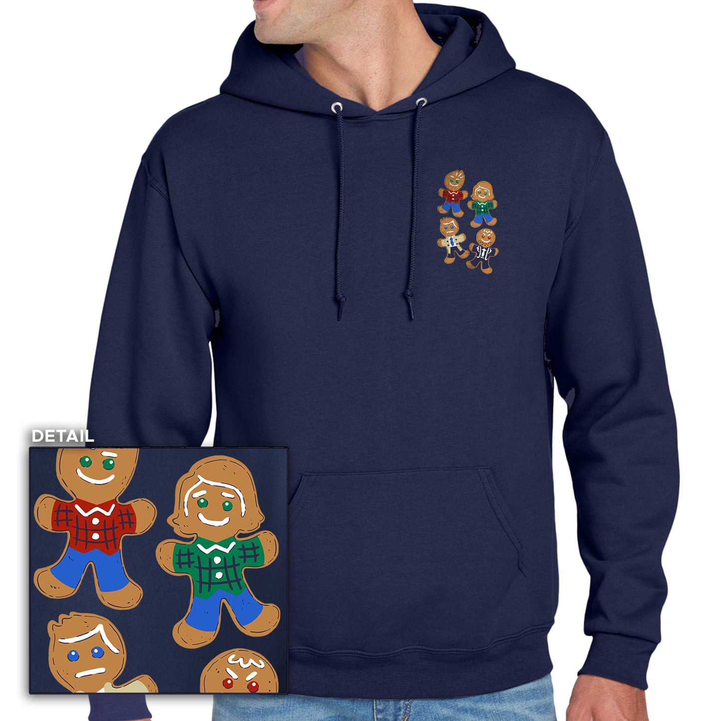 Navy blue hoodie with gingerbread people design on a white background