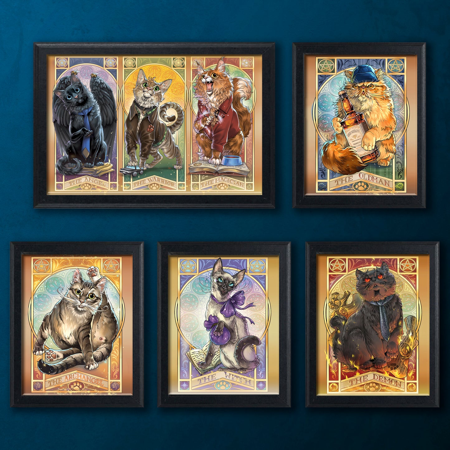 Set of framed illustrations of cats in various poses on a blue background
