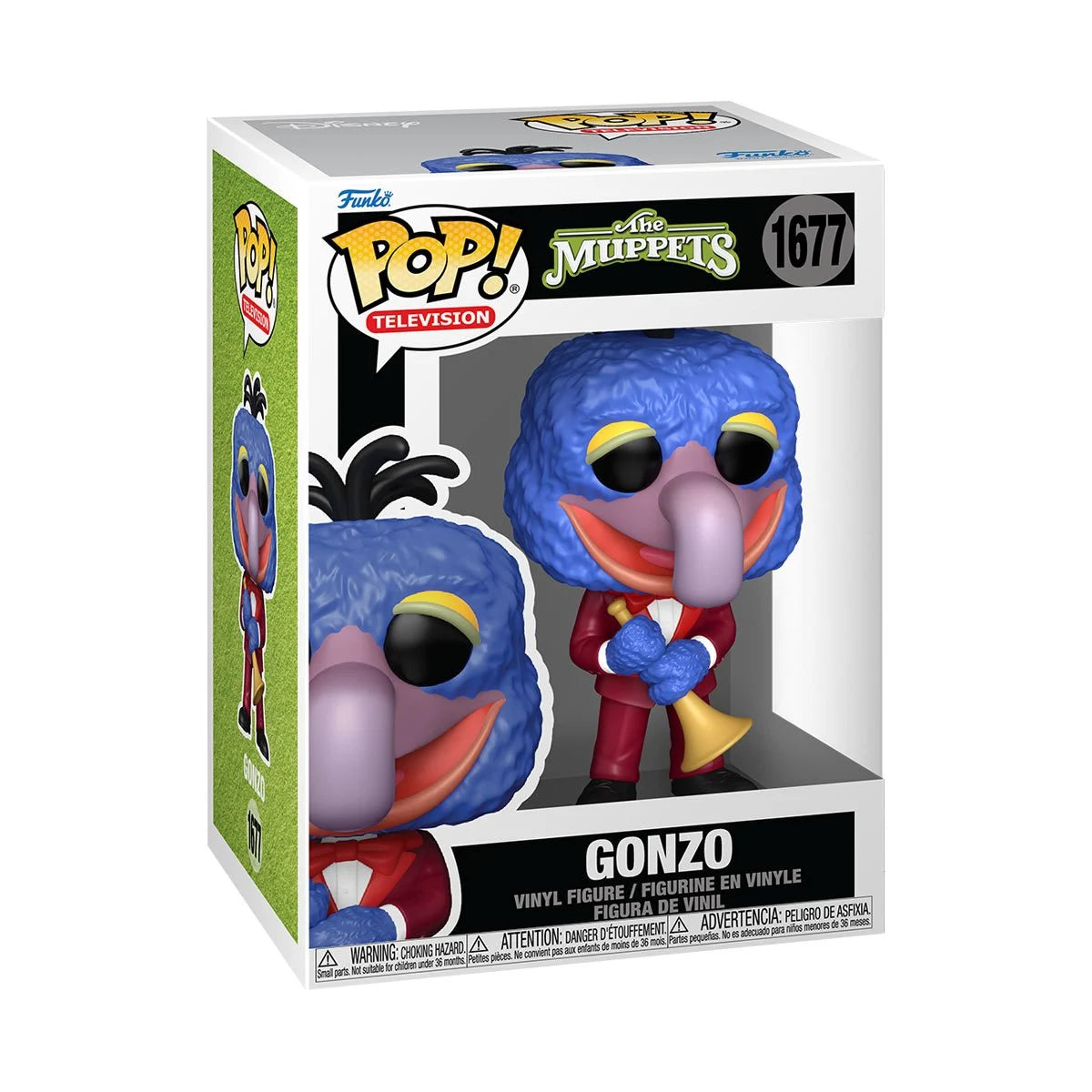 A cardboard box with a transparent front, containing a bobblehead figure depicting depicting Gonzo holding a horn and wearing a red tuxedo.