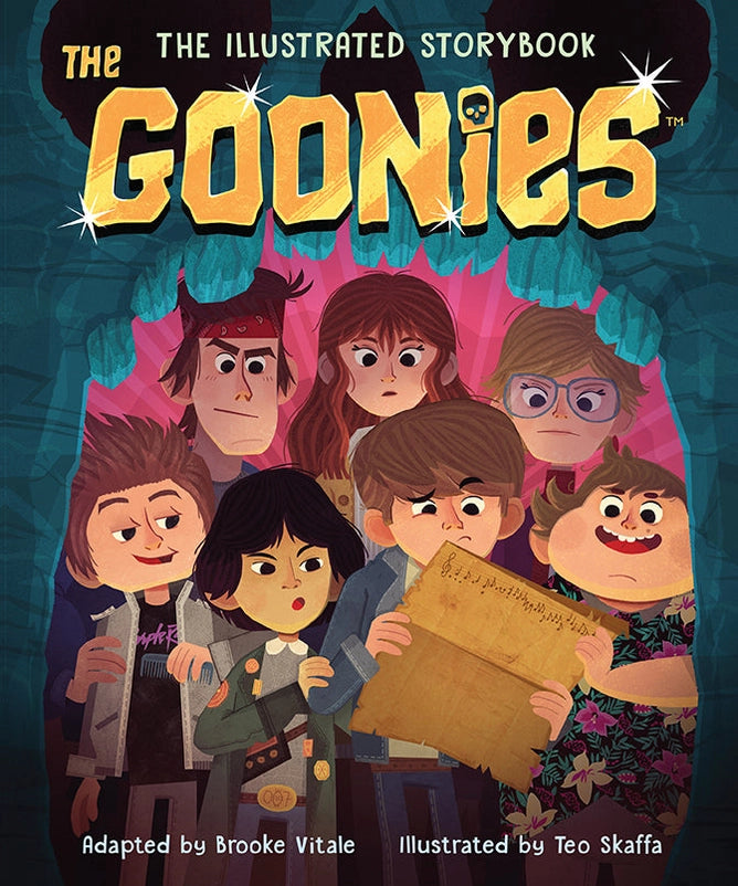 An illustrated book cover featuring drawings of the characters from "The Goonies."