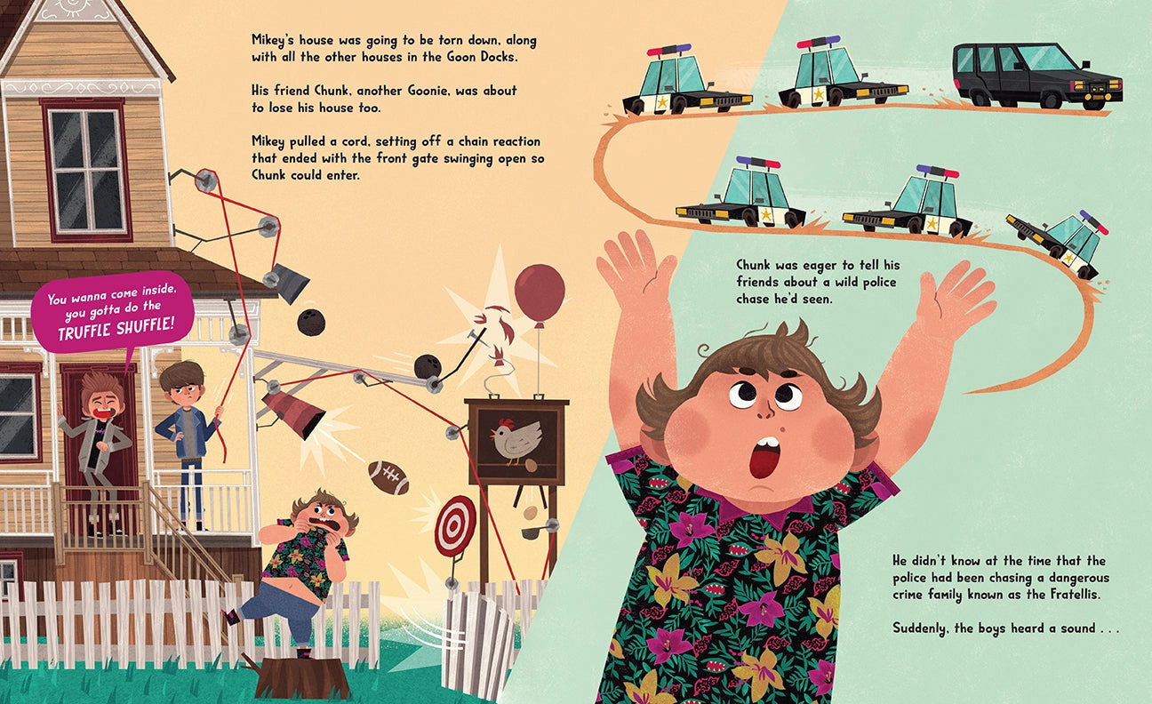 A two-page spread from the book featuring a drawing depicting a scene from the movie as a drawing.