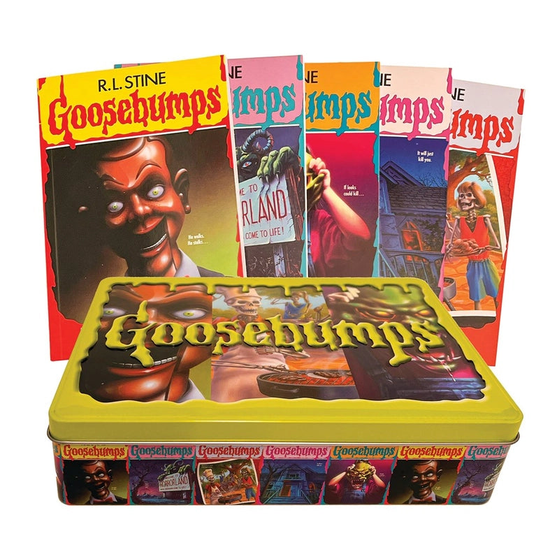 Collection of Goosebumps books and a storage box with the Goosebumps logo.