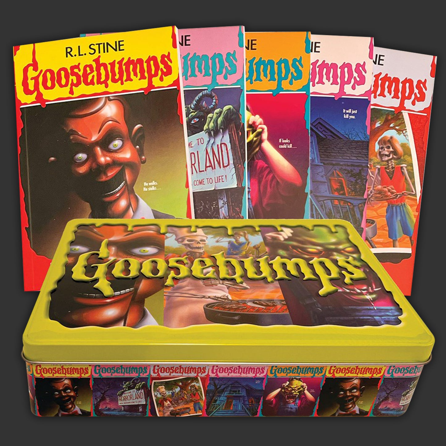 Collection of Goosebumps books and a storage box with the Goosebumps logo.