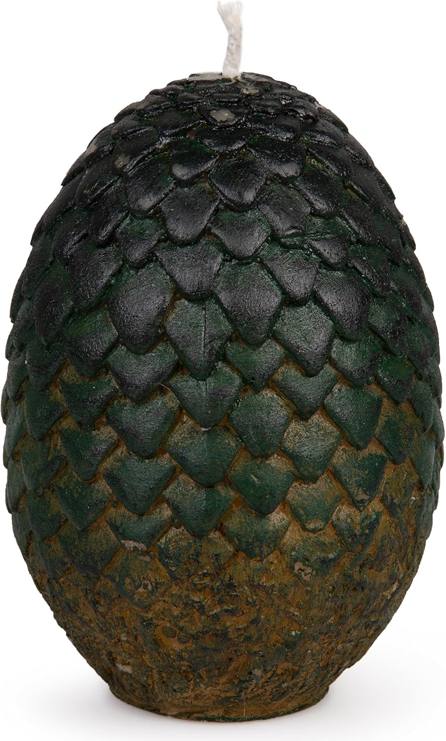 A green, egg-shaped candle with scales around the outside.