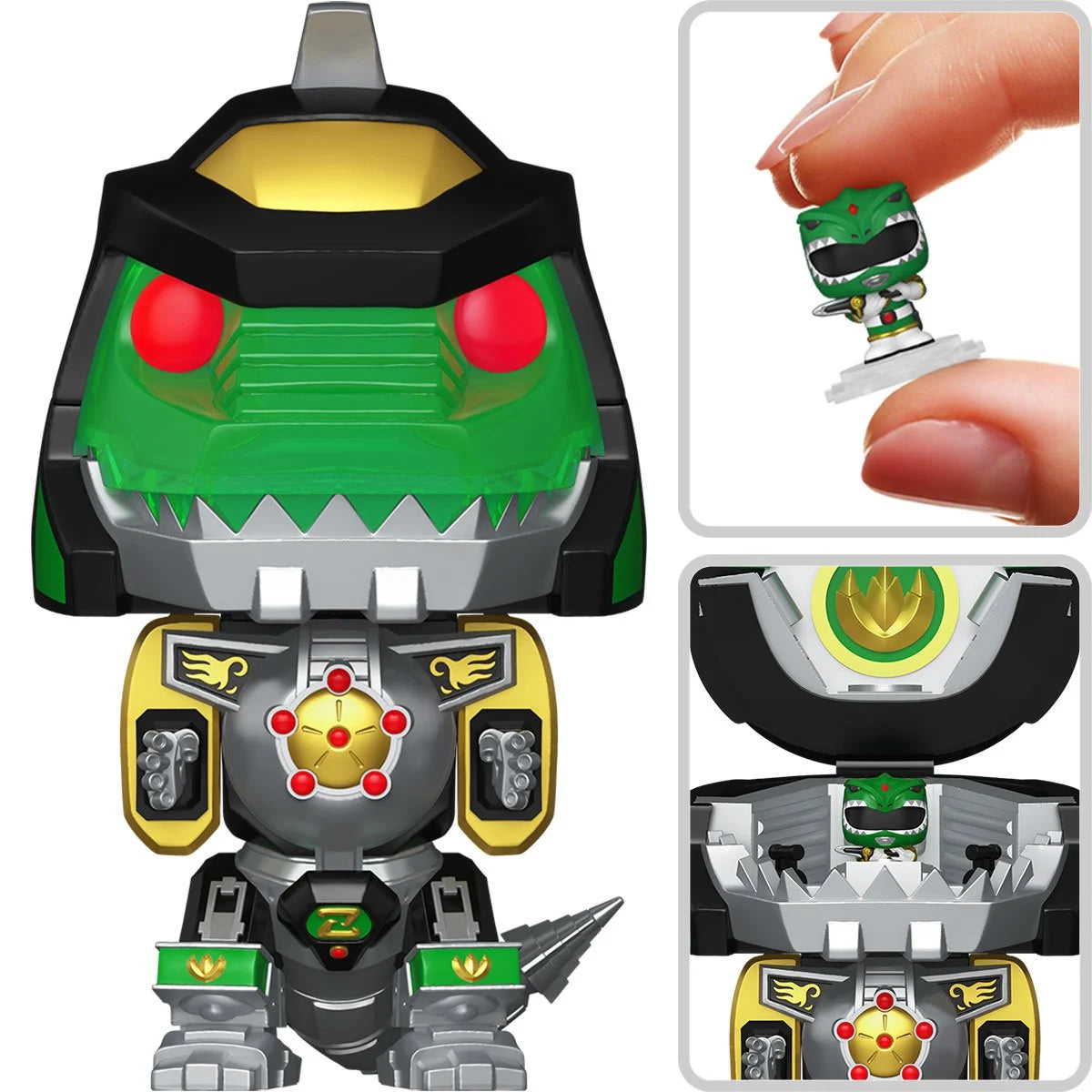A green Dragonzord figure from Mighty Morphin Power Rangers. Inset are images of the green ranger in miniature size