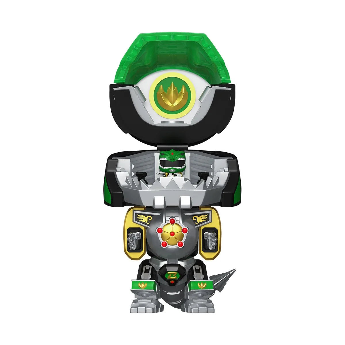 Toy figure of a robot with green, black, and yellow colors on a white background