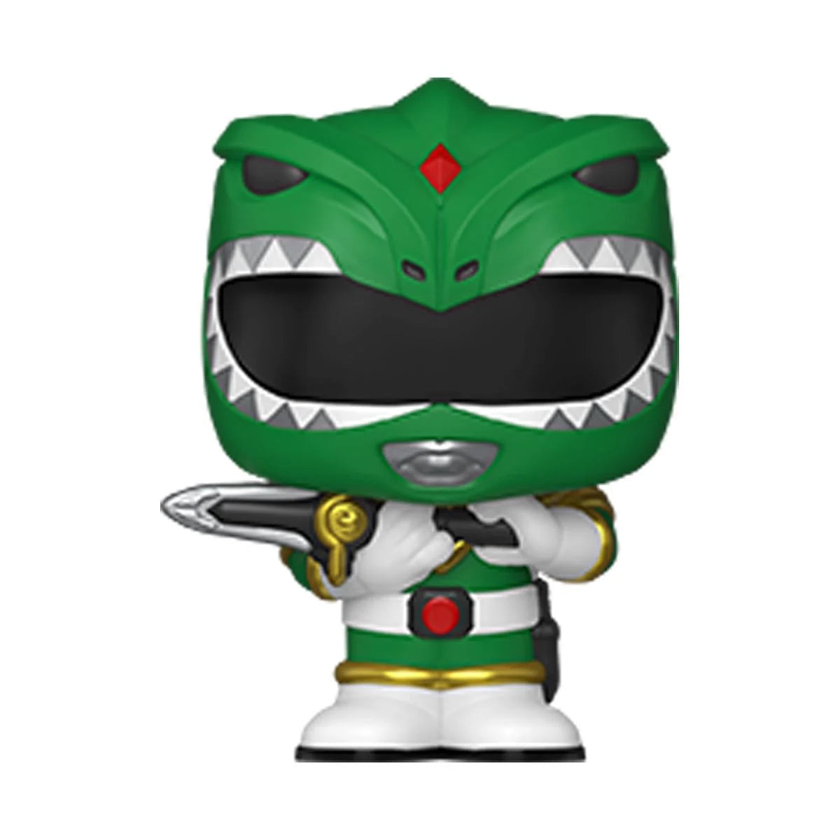 Green Power Ranger figurine with helmet and white outfit on a white background