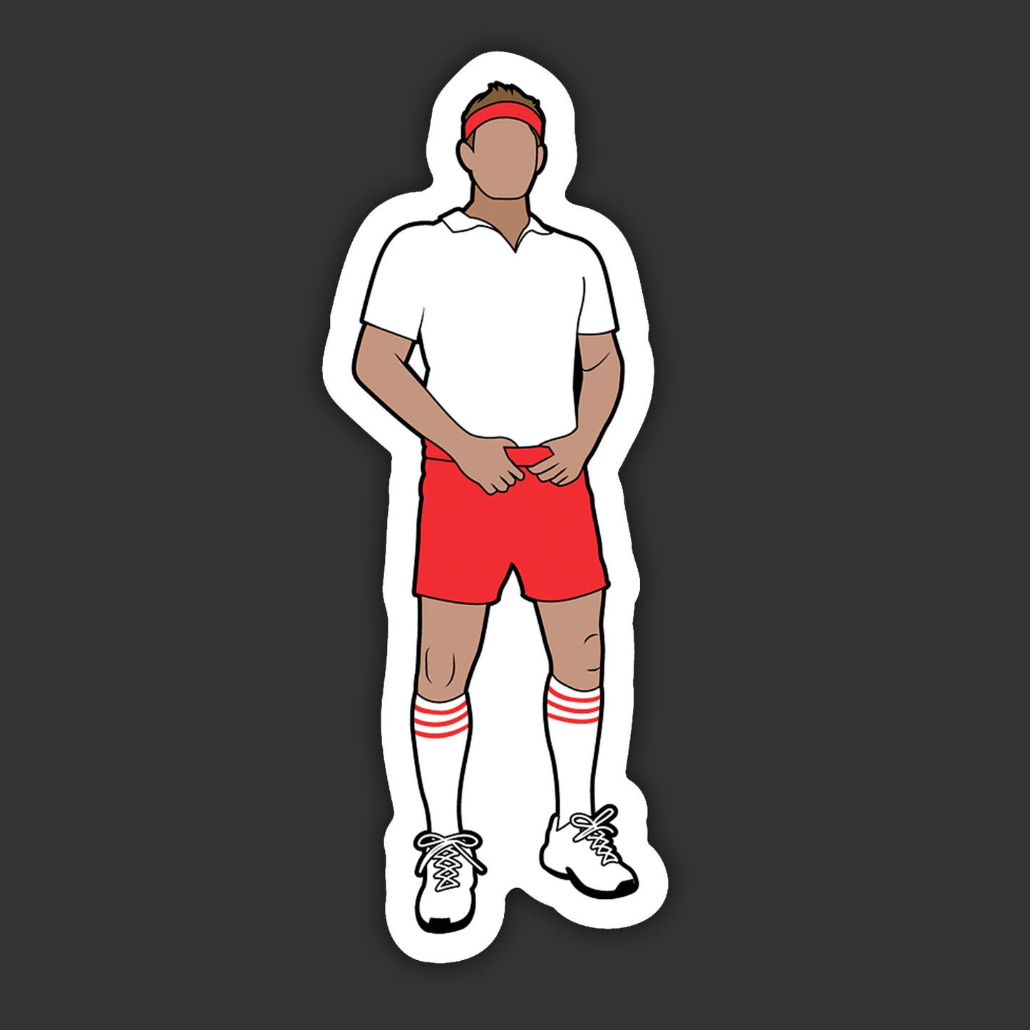 Illustration of a person wearing a white shirt, red shorts, and white shoes on a black background