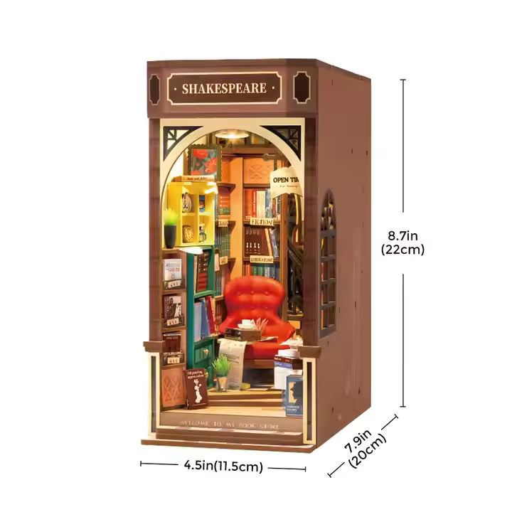 A diagram of the book nook after assembly, stating the dimensions of 8.7" tall, 7.9" deep, and 4.5" wide.