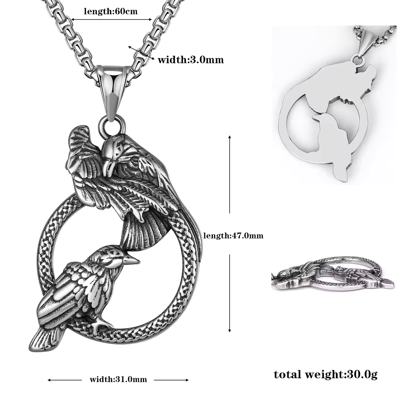 Multiple views of a stainless steel pendant against a white background. The pendent depicts two ravens sitting on a ring. The top raven's wing is lifted. Attached to the pendant is a stainless steel chain. The item's measurements are printed alongside in black. The pendant is also shown from the back and the side.