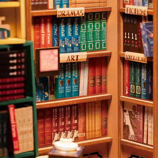 A zoomed-in picture of part of the book nook, showcasing shelves labeled 'dramas', 'art', 'fiction', and 'literature' and the spines of several recognizable mini-books, such as Sherlock Holmes and Breaking Dawn.