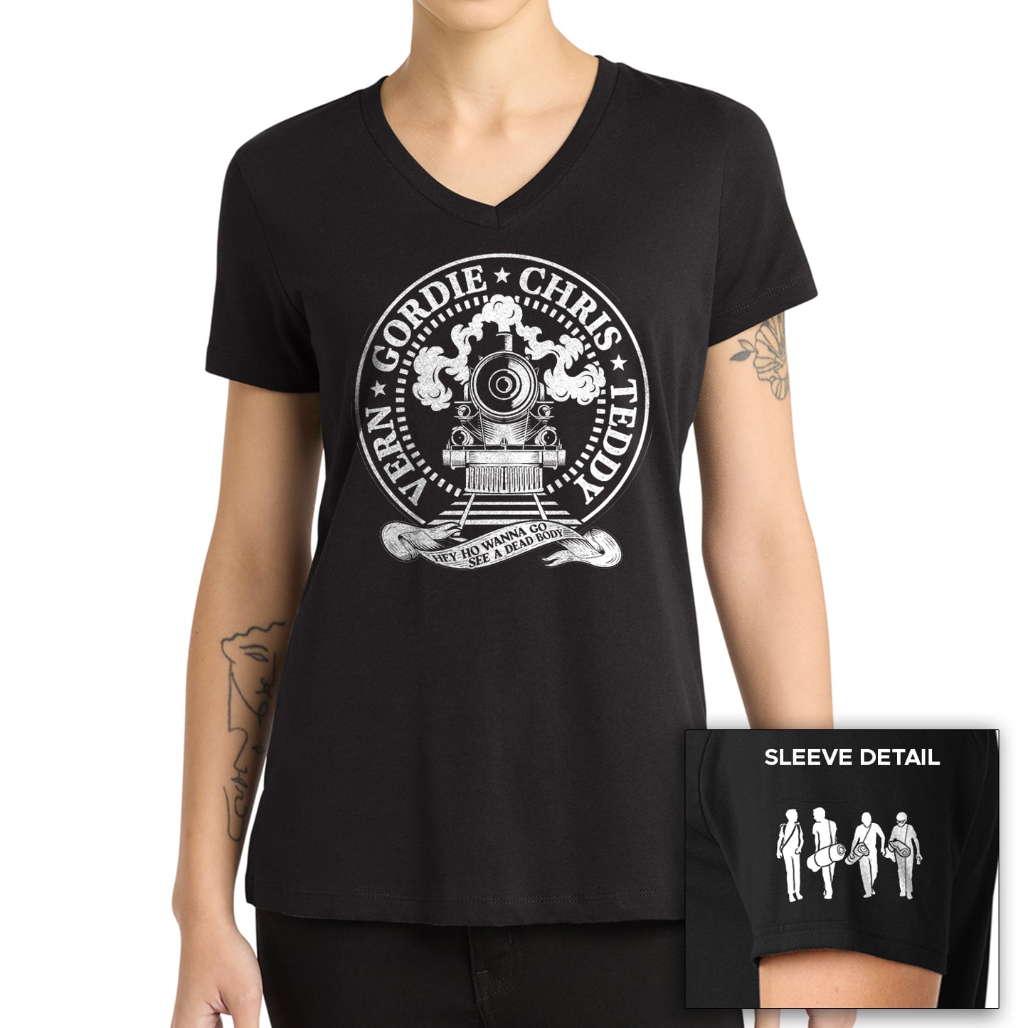Black t-shirt with white graphic design worn by a person, with a close-up of the sleeve detail on a white background.