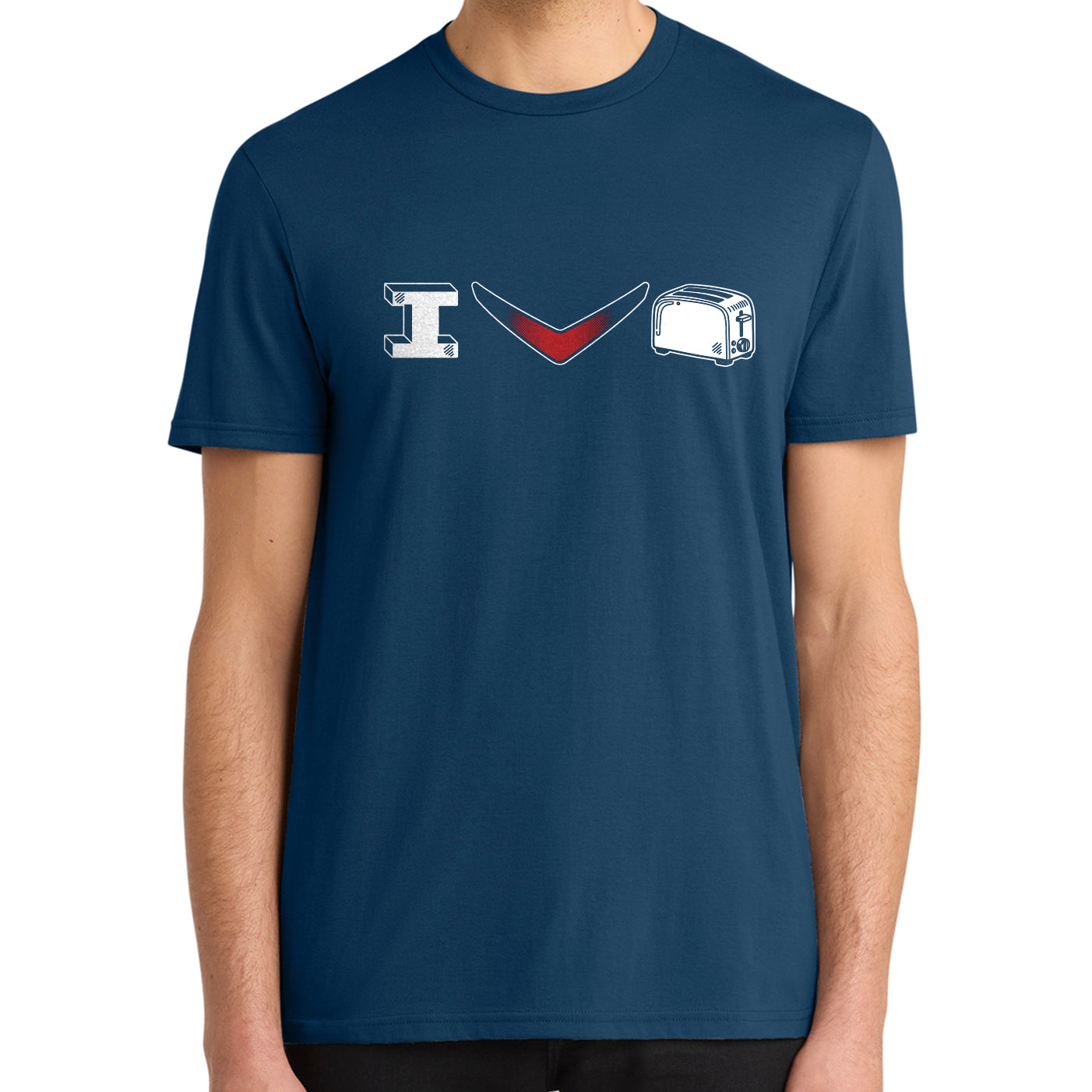 A man wearing a navy blue t-shirt with a graphic print that reads 'I Heart Toaster" spelled with a red chevron and n image of a toaster