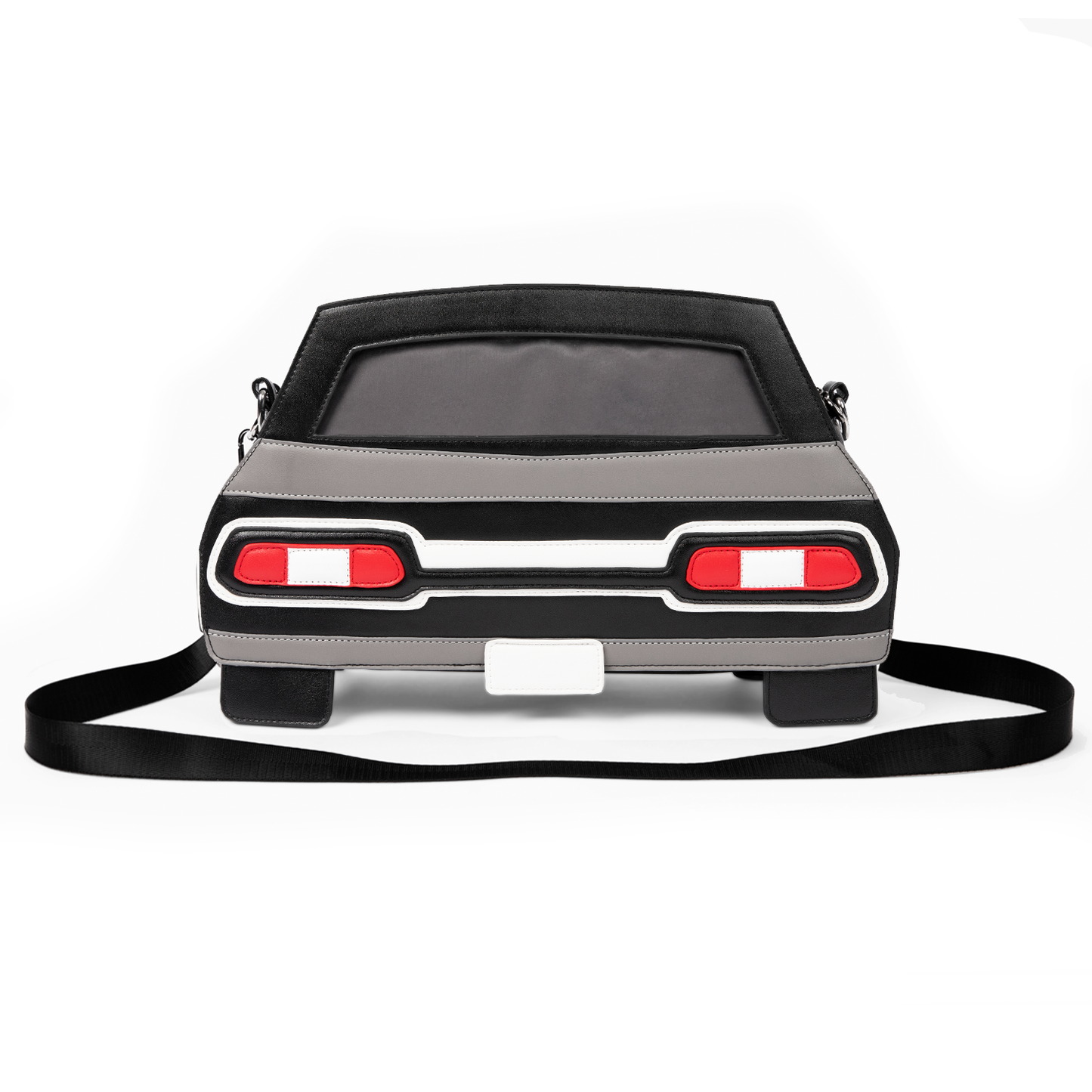 A black handbag shaped like the front of a 1967 Chevy Impala, on a white background.