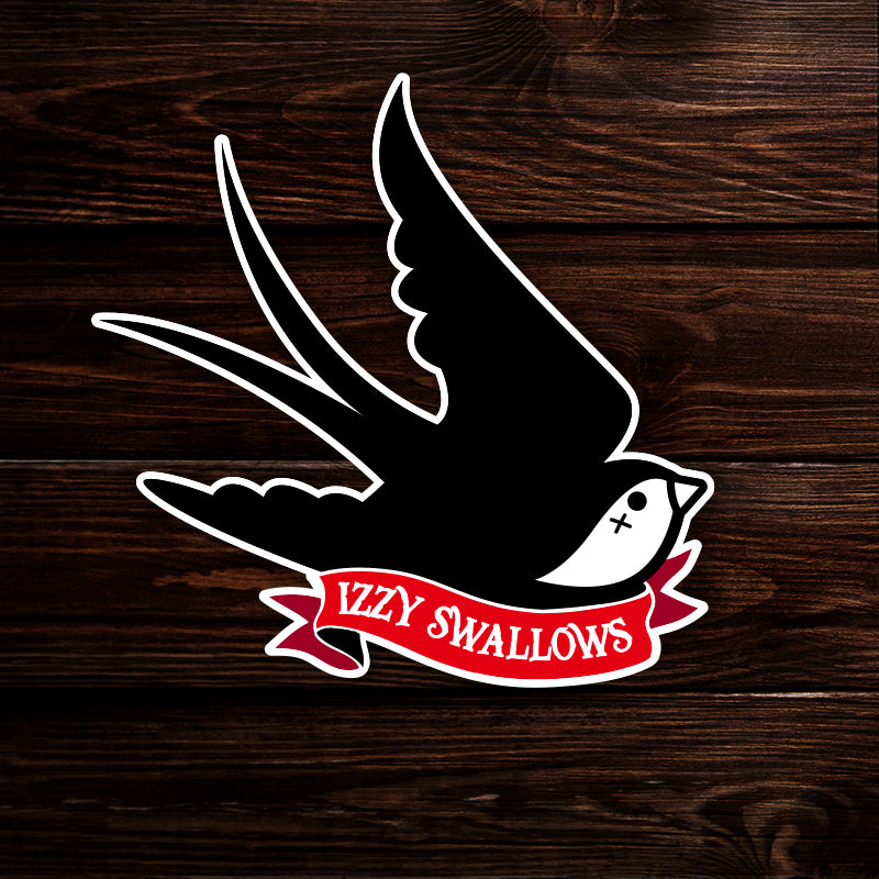 A sticker depicting a black bird, with a red ribbon underneath. White text says Izzy Swallows.