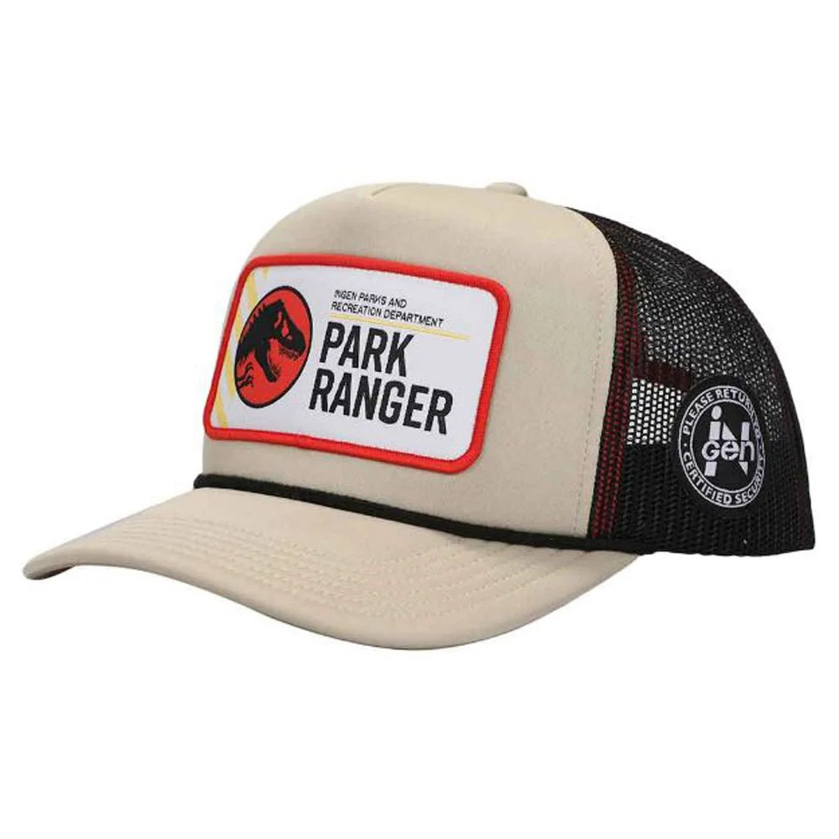 A tan and black trucker hat on a white background. On the front is a white patch with a red circle. Inside the circle is a  black silhouette of a T-Rex. Black text on the patch says "Ingen parks and recreation department Park Ranger."