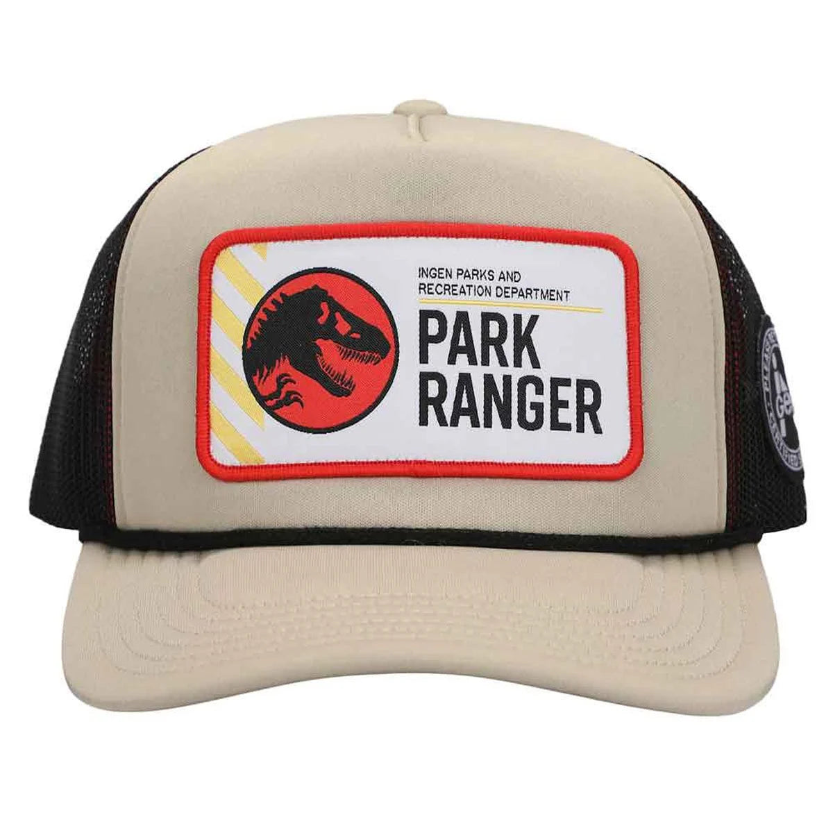 A tan and black trucker hat on a white background. On the front is a white patch with a red circle. Inside the circle is a  black silhouette of a T-Rex. Black text on the patch says "Ingen parks and recreation department Park Ranger."