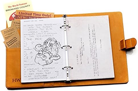 Top view of a brown faux leather journal, open against a white background. Spread through the center is a stack of white paper, with descriptions and drawings of demons and other monsters. Behind the paper on the left is a pocket filled with newspaper articles and advertisements.