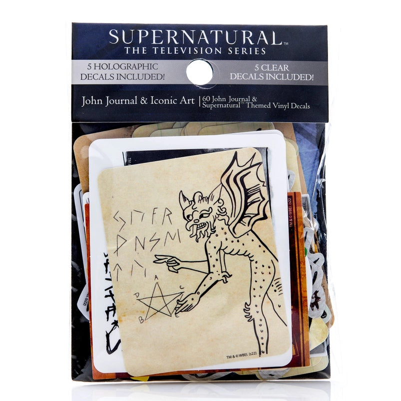 A pack of decals and stickers depicting iconic images from the TV series "Supernatural."