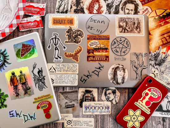 A collage of stickers depicting iconic images and characters from the TV series "Supernatural."