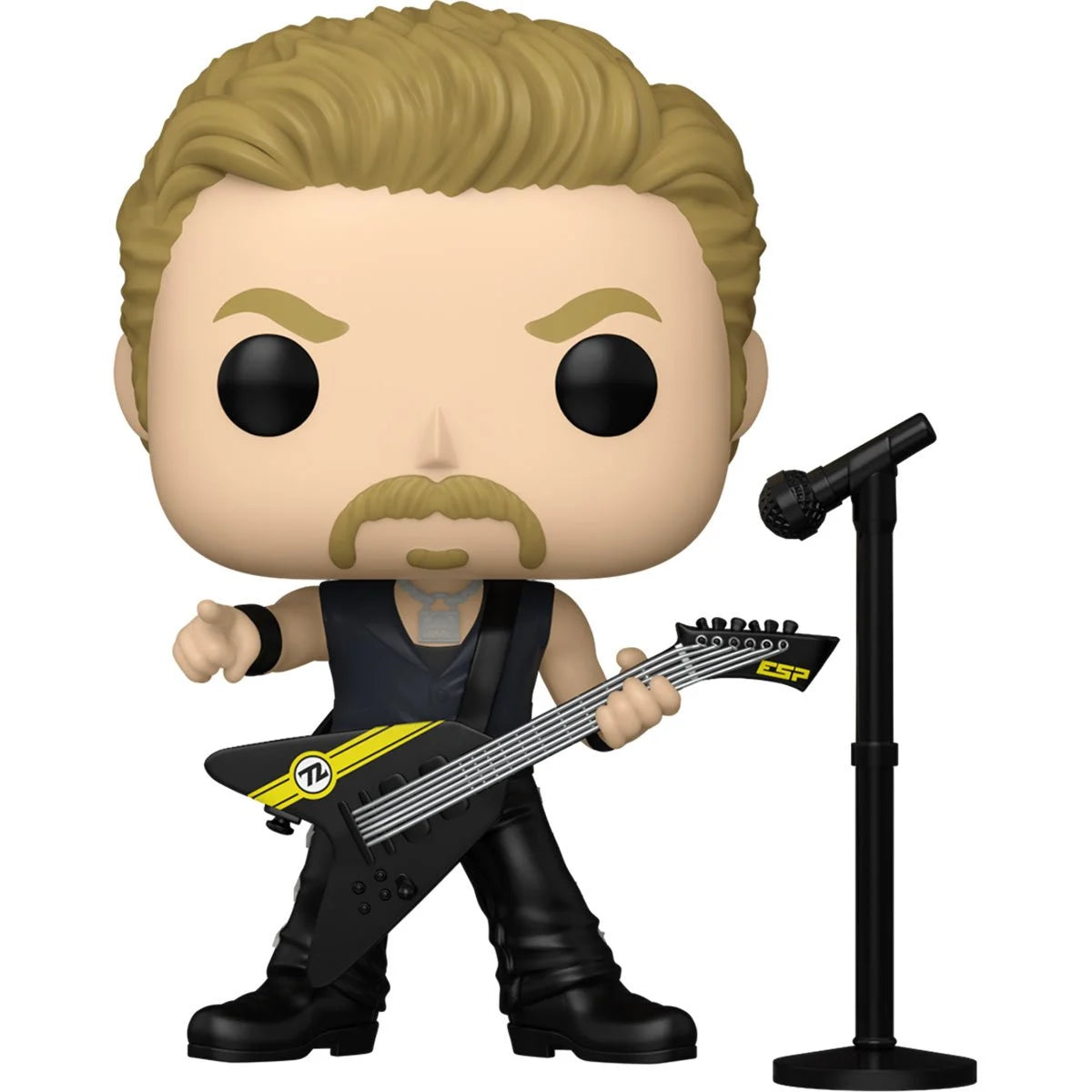 A bobblehead figure depicting James Hetfield from the band Metallica, against a white background. James is holding a black and yellow guitar, and has a microphone stand in front of him.