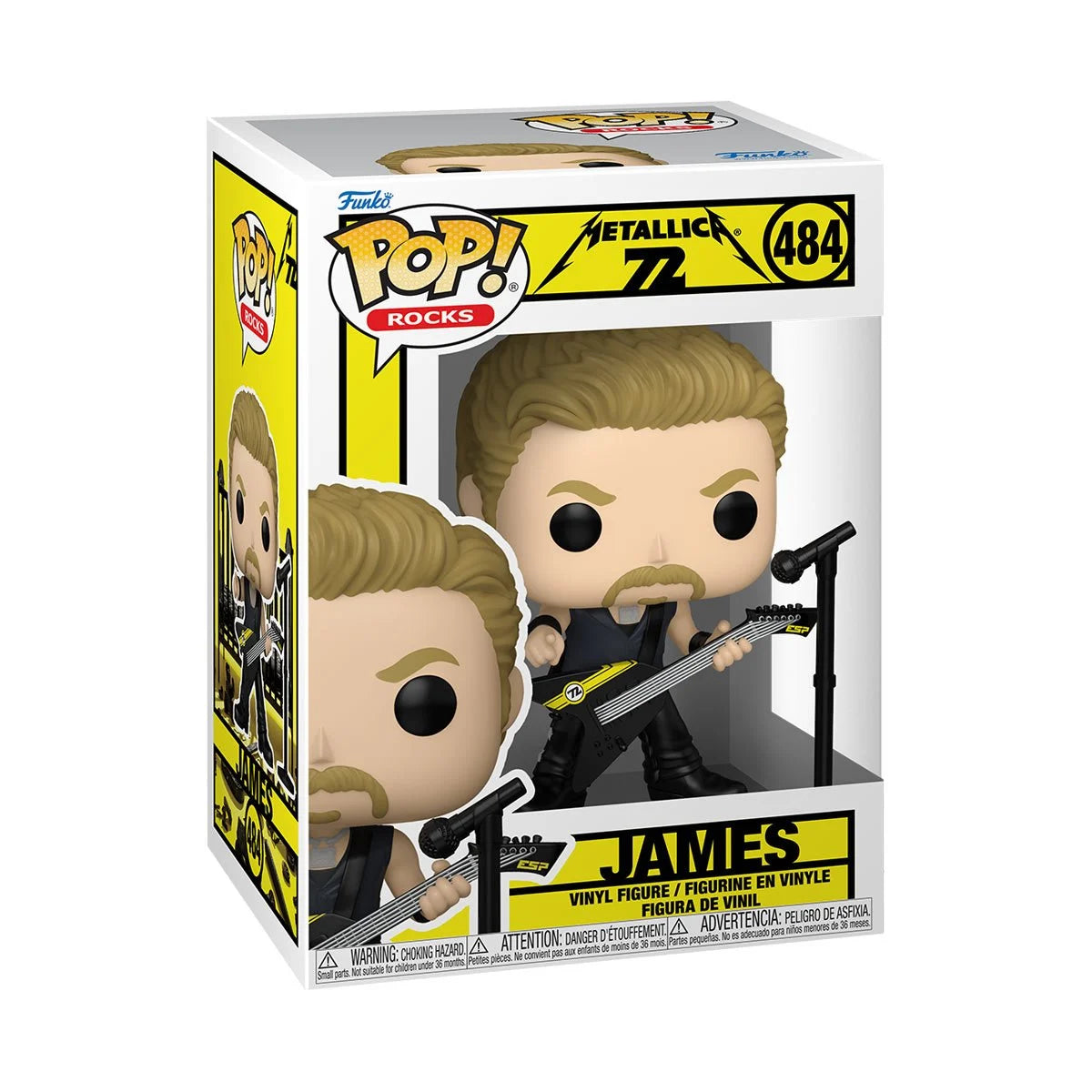 A cardboard box with a transparent front, containing a bobblehead figure depicting James Hetfield from the band Metallica. James is holding a black and yellow guitar, and has a microphone stand in front of him.