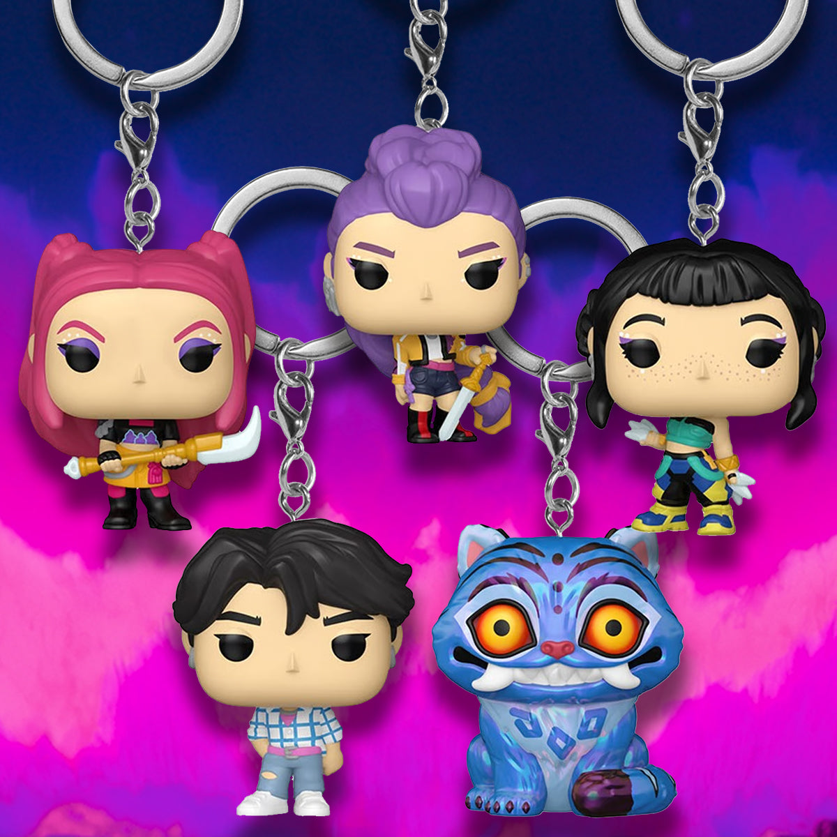Five Kpop Demon Hunters keychains against a purple and pink background