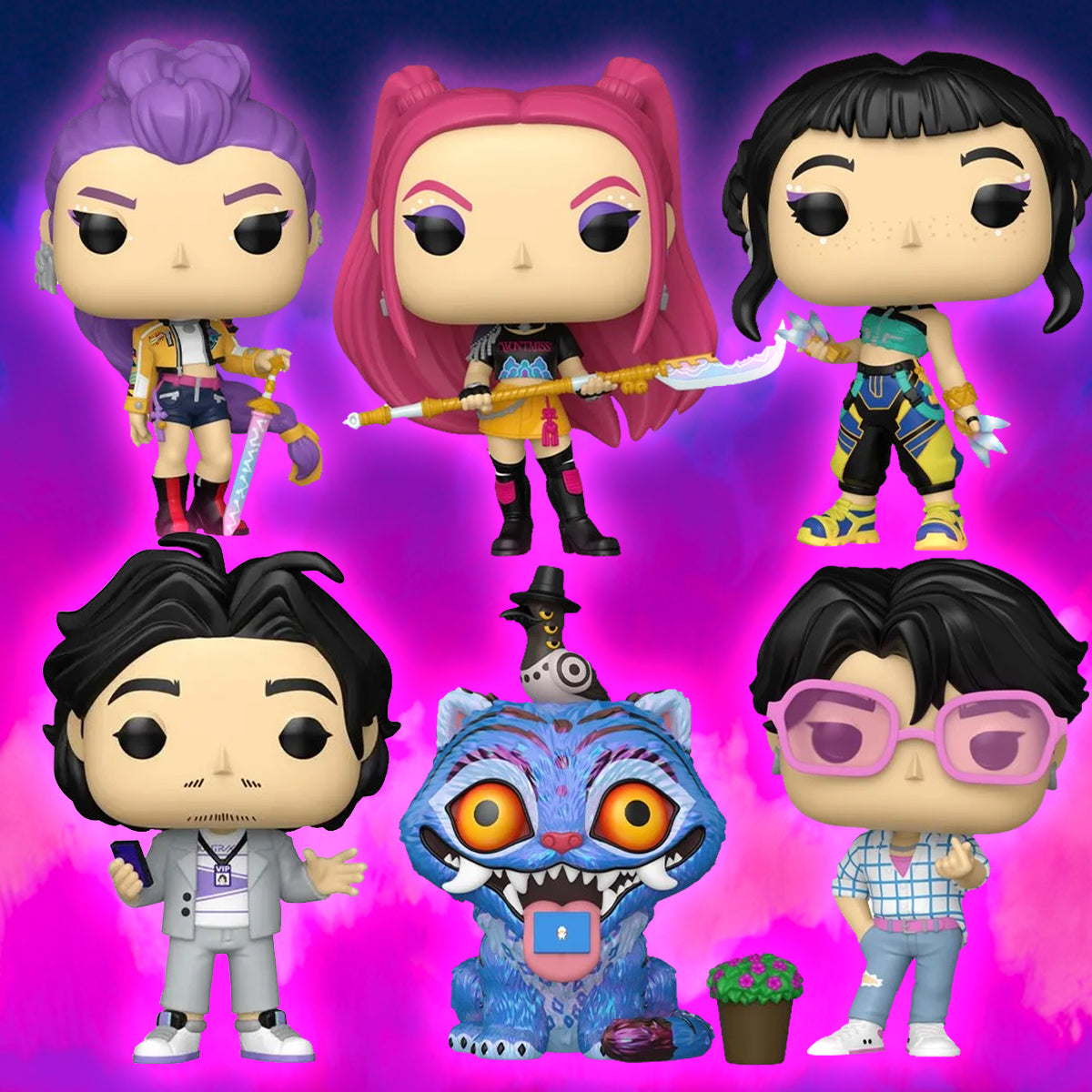 A collection of Funko Pop! figurines depicting the characters from the series "KPop Demon Hunters." The figures are in front of a a swirling purple background.