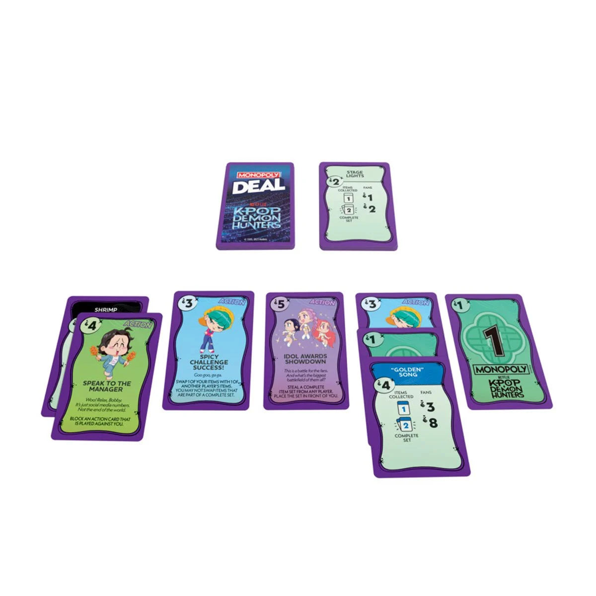A collection of playing cards featuring characters from the KPop Demon Hunters animated movie.