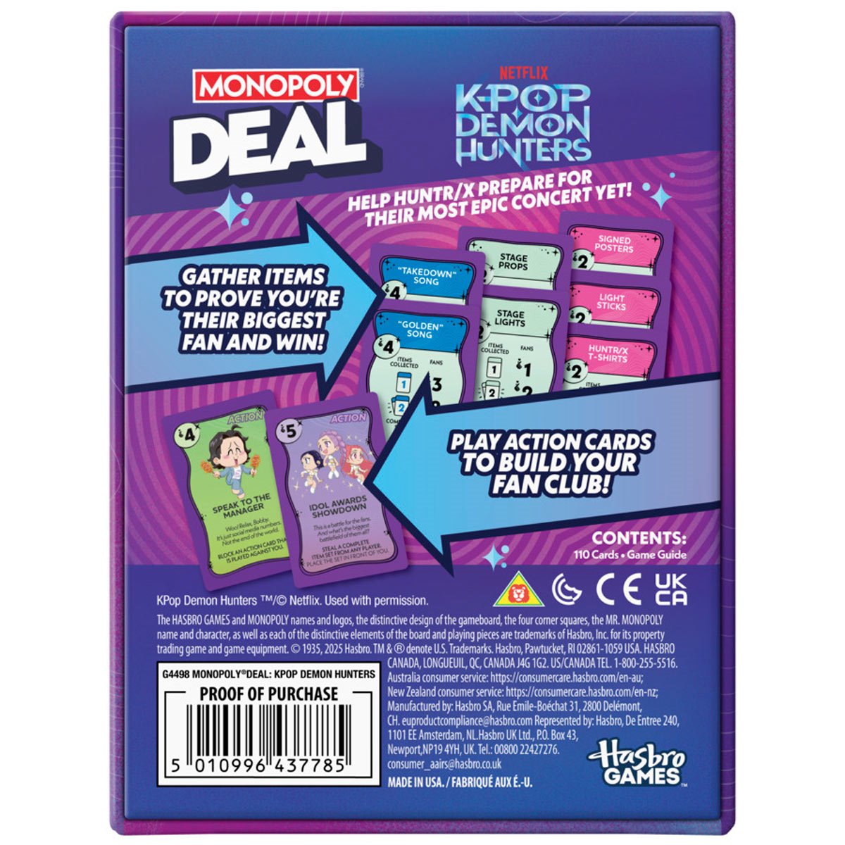 Monopoly Deal K-POP Demon Hunters game box with colorful design and text on a white background