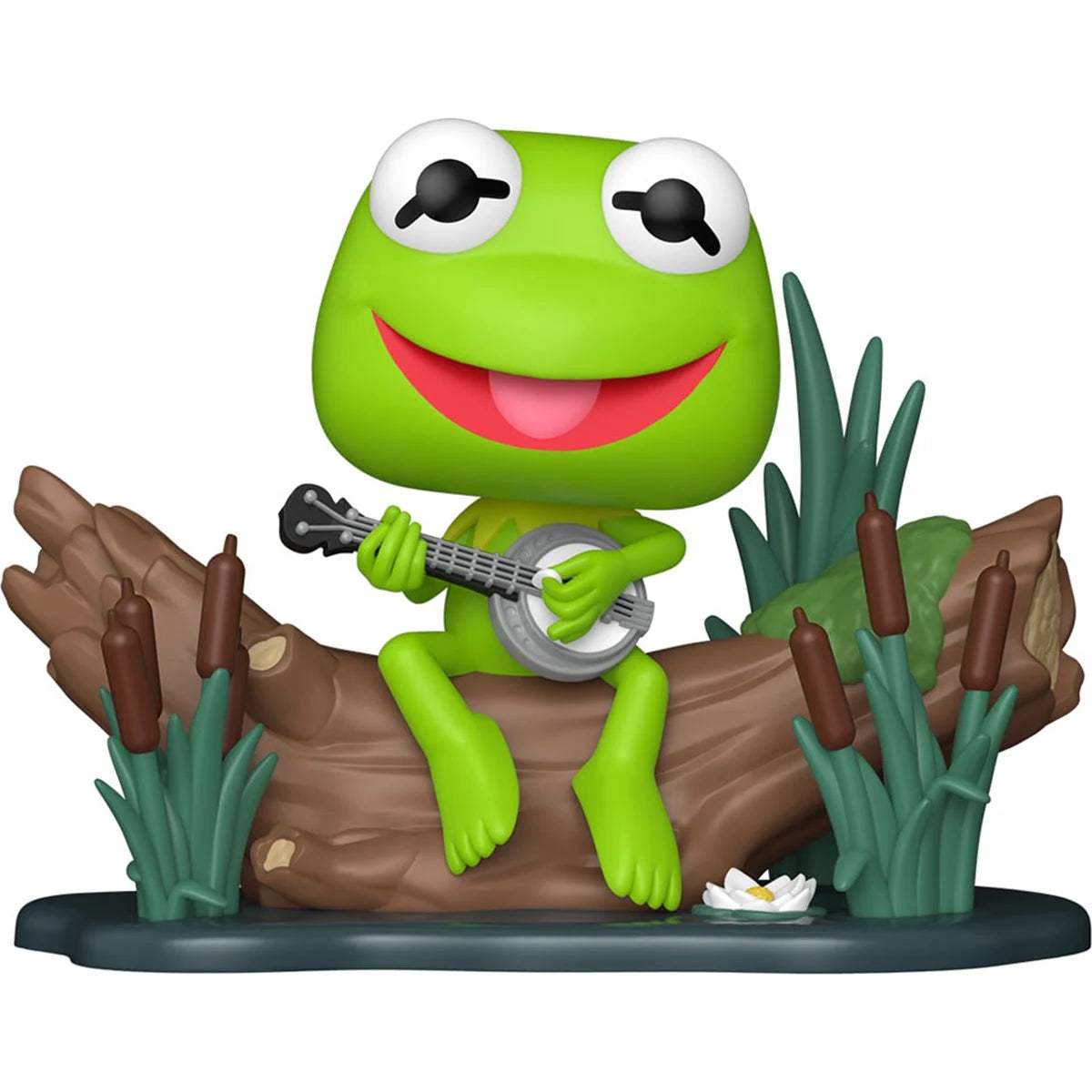 A bobblehead figure depicting Kermit the Frog holding a banjo and sitting on a log.