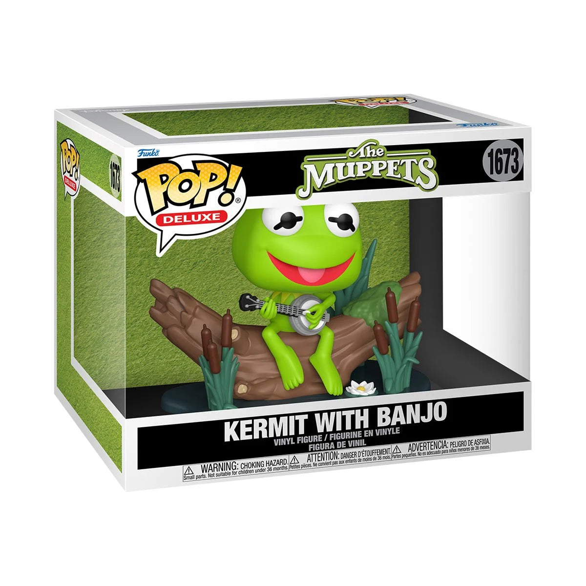 A cardboard box with a transparent front, containing a bobblehead figure depicting Kermit the Frog holding a banjo and sitting on a log.