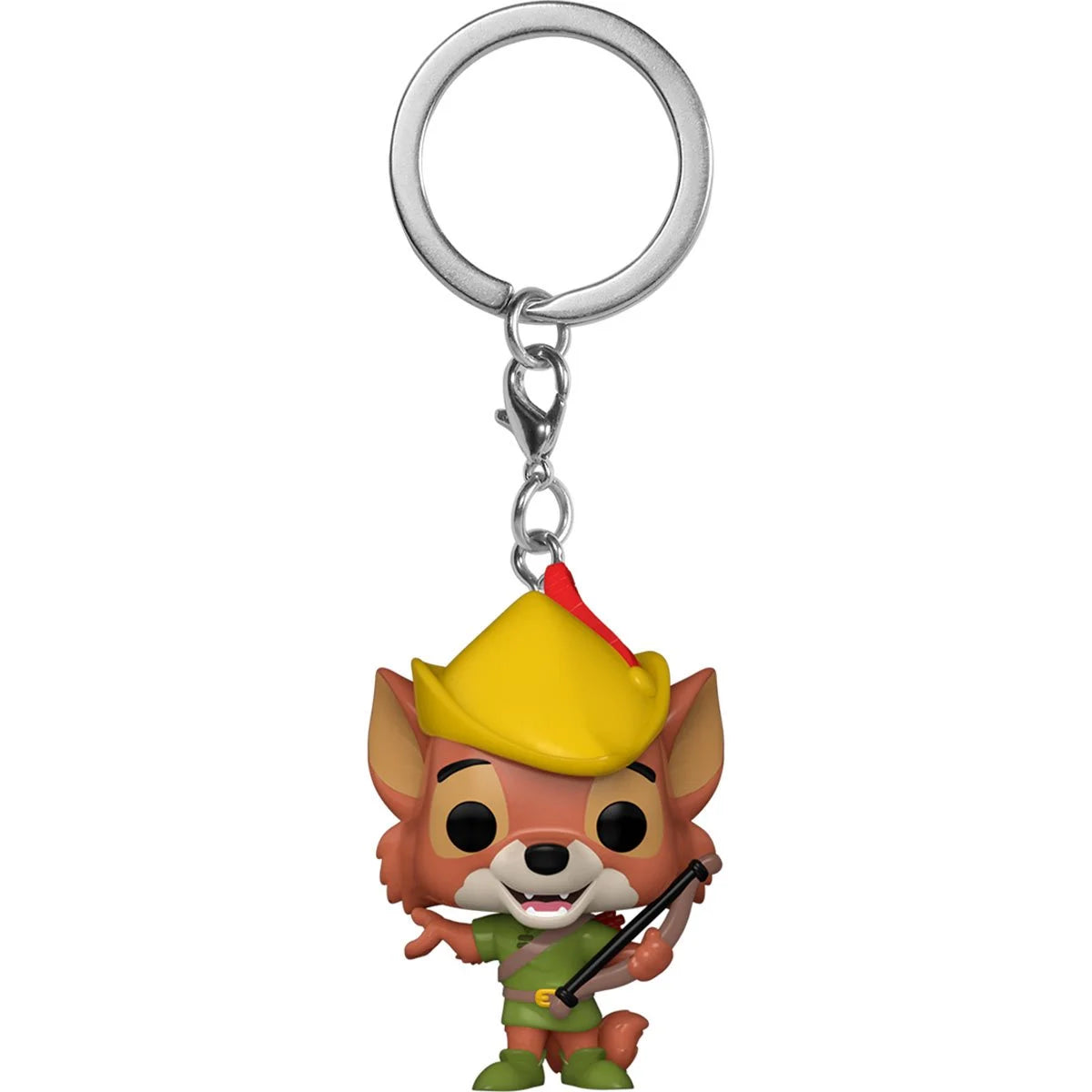 A bobblehead figure on a keychain depicting Robin Hood from Disney's animated "Robin Hood" film, in his signature green outfit and hat, against a white background. He is clutching a wooden bow in one hand.