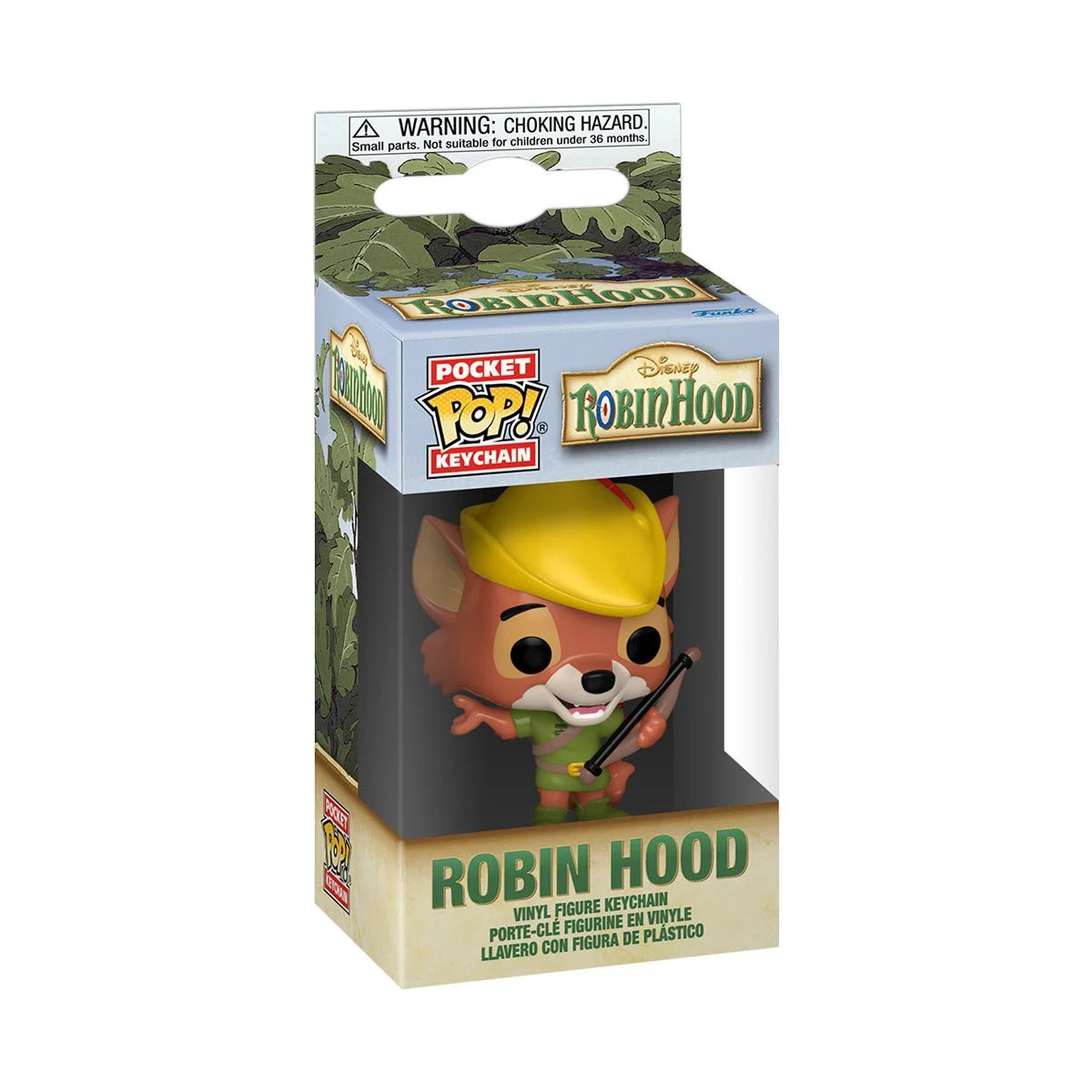 A cardboard box with a transparent front, containing a bobblehead figure depicting Robin Hood from Disney's animated "Robin Hood" film, in his signature green outfit and hat. He is clutching a wooden bow in one hand.