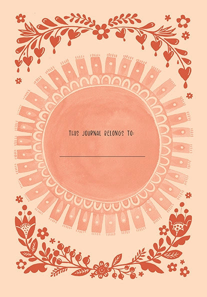 A cream and orange colored page from the book. In the center is a pattern similar to a sunrise. Black text in the middle says "This journal belongs to" with a blank line underneath for the owner's name.