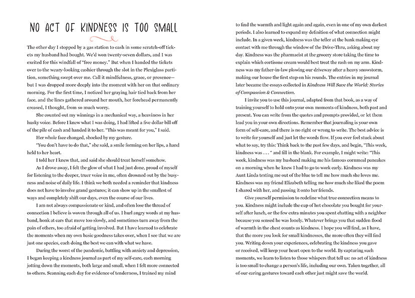 A two-page spread from the book. Across both pages is black text discussing how no act of kindness is too small.