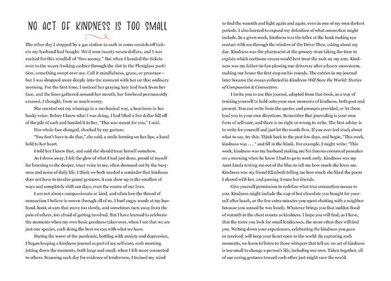 A two-page spread from the book. Across both pages is black text discussing how no act of kindness is too small.