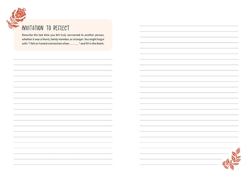 A two page spread from the book. At the top left is black text saying "An invitation to reflect." The pages have blank lines across them, for the owner to journal their own thoughts.