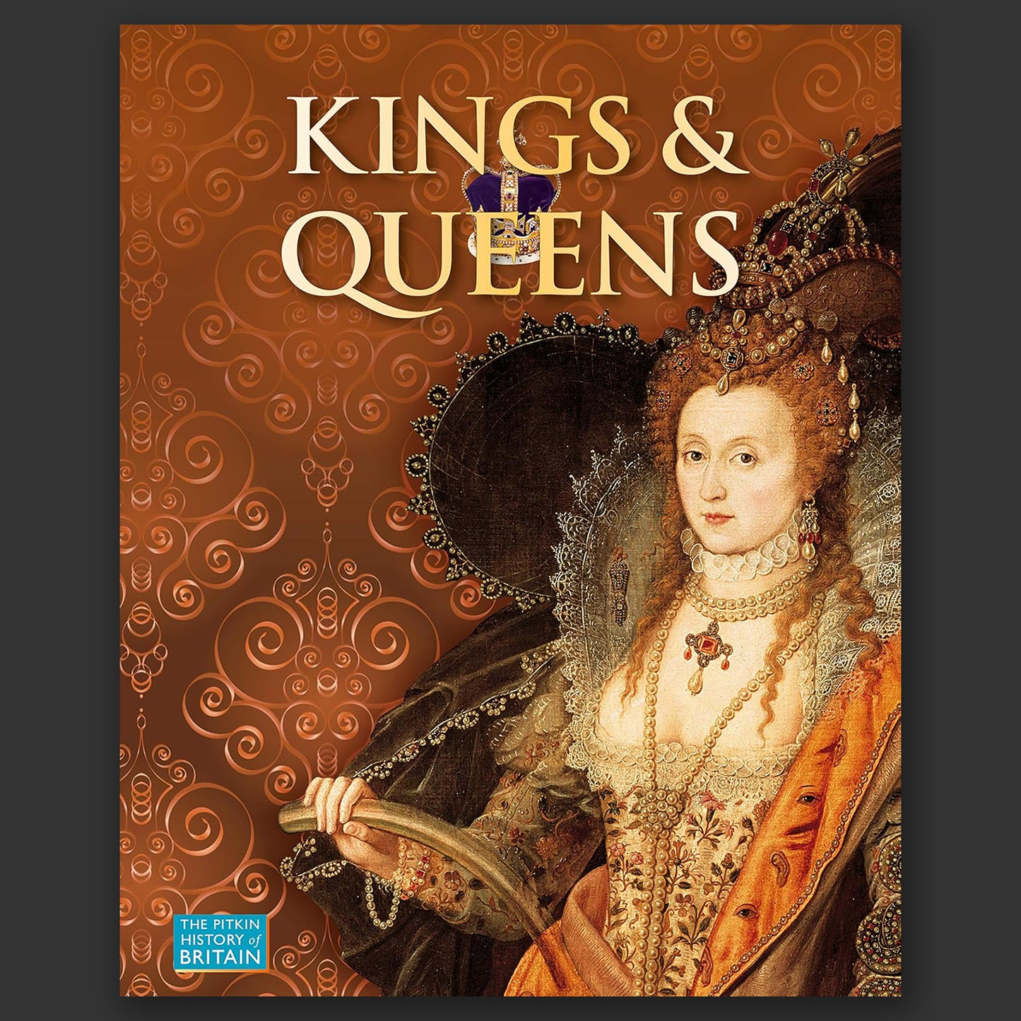 A brown book on a grey background. The cover depicts a drawing of an English Queen in opulent clothing and jewels. Behind her is a brown background with ornate filigree in a pattern. Yellow text says "Kings and Queens."