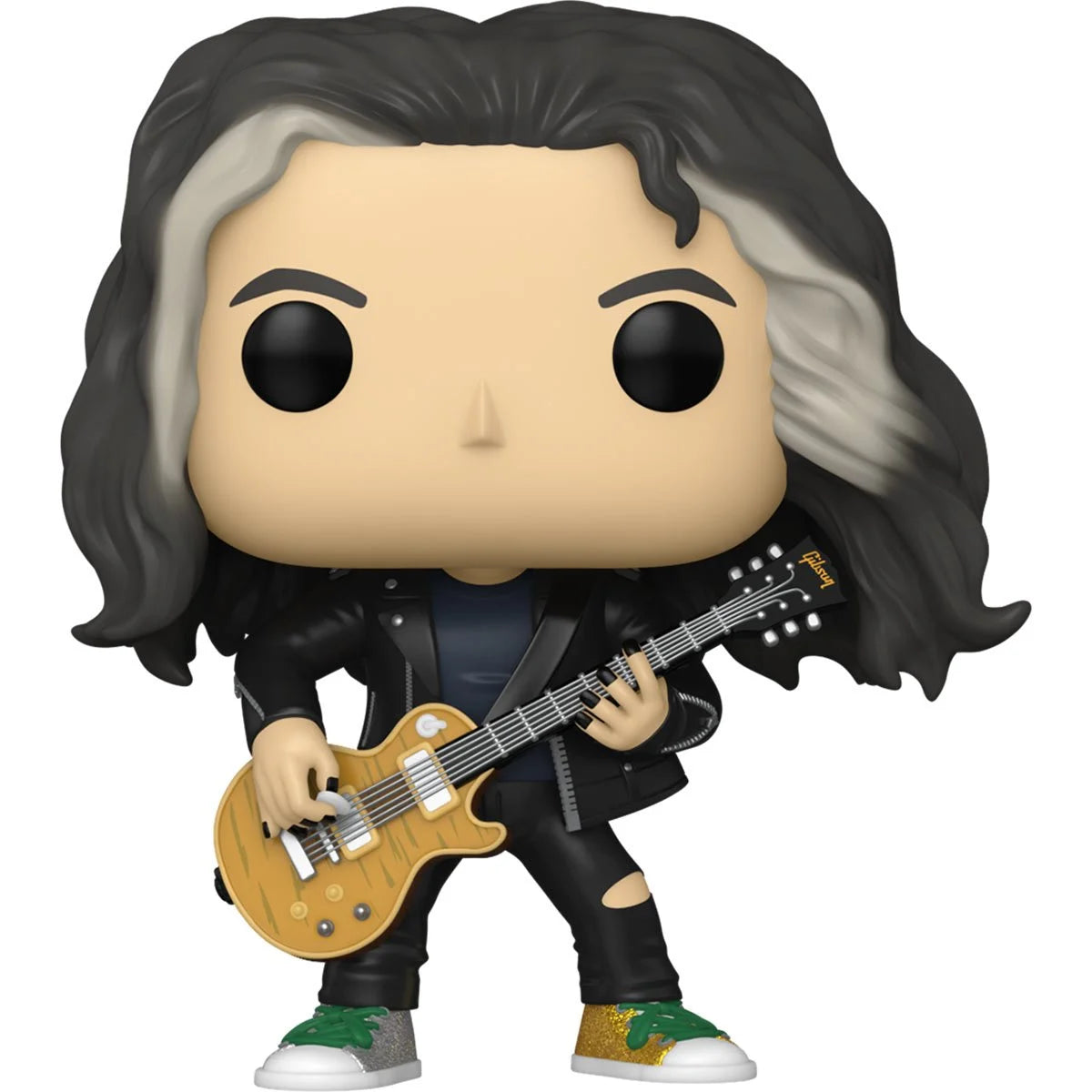 A bobblehead figure depicting Kirk Hammett from the band Metallica, against a white background. Kirk is holding a gold guitar, and has one gold and one silver shoe.