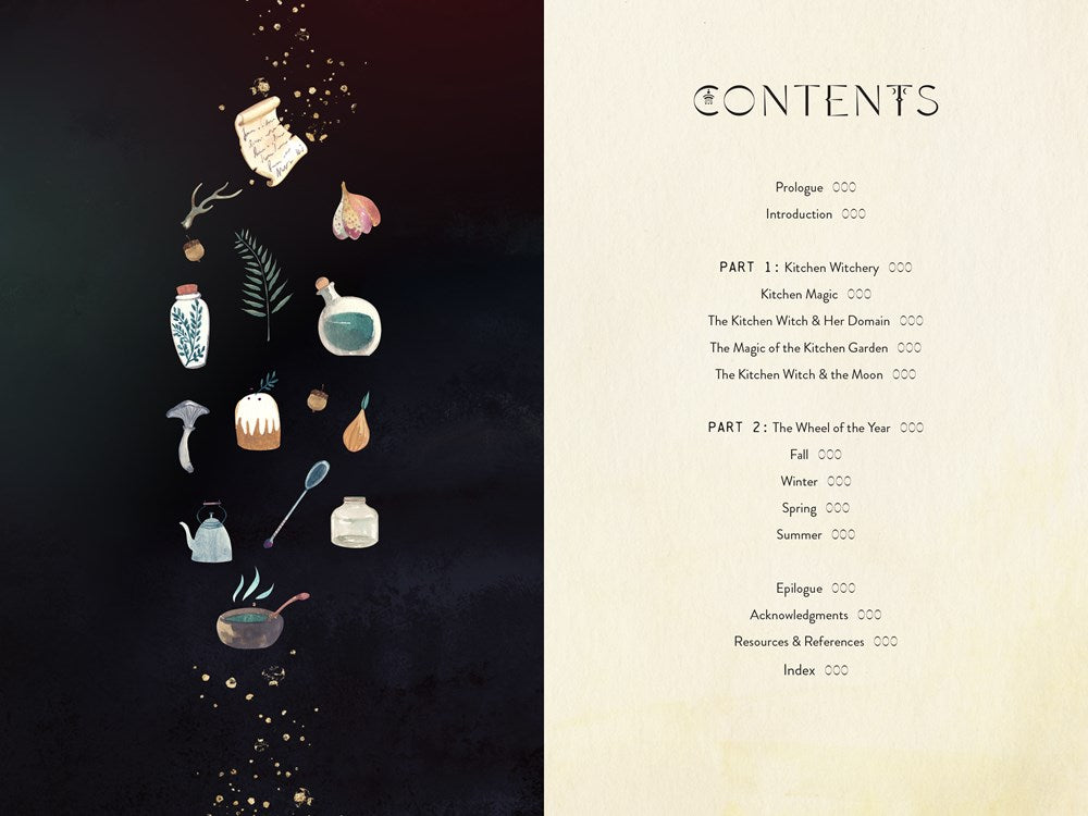 A two-page spread from the book. On the left is a black background covered with drawings of items used for making magic in a kitchen. On the right is a parchement colored page with the table of contents in black.