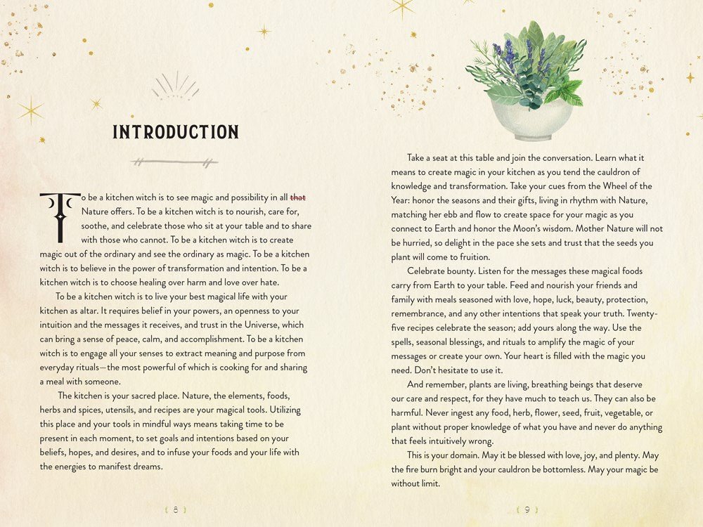 A two-page spread from the book. Both pages are parchement colored, with the book's introduction in black text. At the top on the right page is a drawing of a white flower pot filled with green herbs.