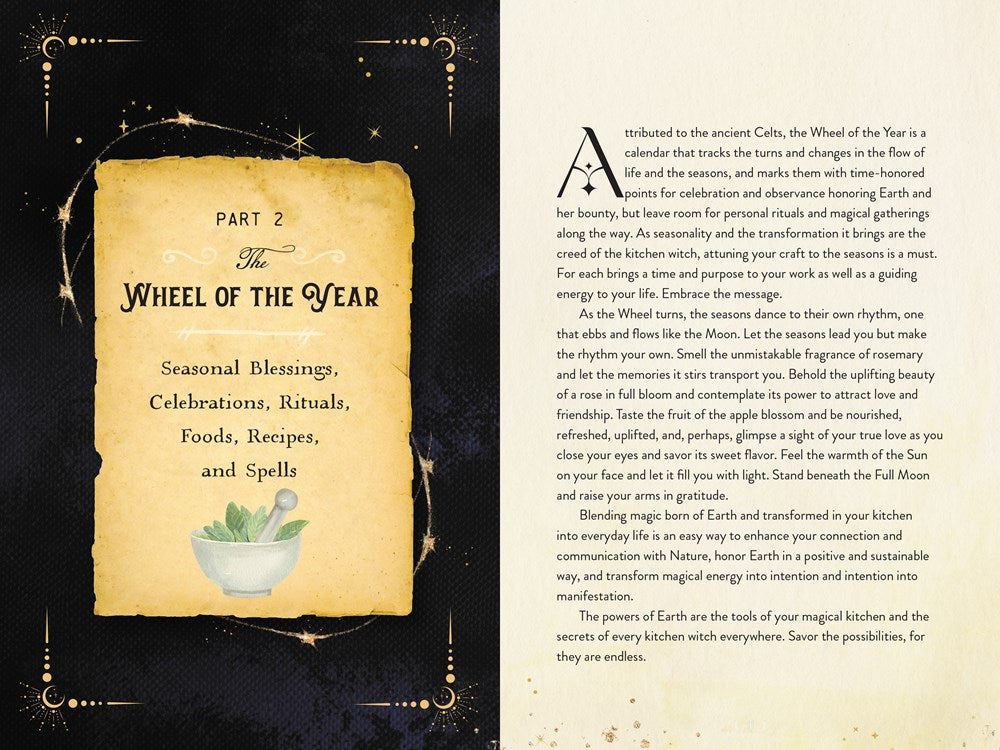 A two-page spread from the book. On the left is a black background with a drawing of a parchment scroll. Inside the scroll is black text describing chapter 2 of the book. On the right is a parchement colored page with the beginning of the chapter in black text.