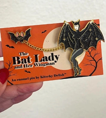 Bat Lady and Her Wingman Glittery Enamel Pin | Kitchy Delish