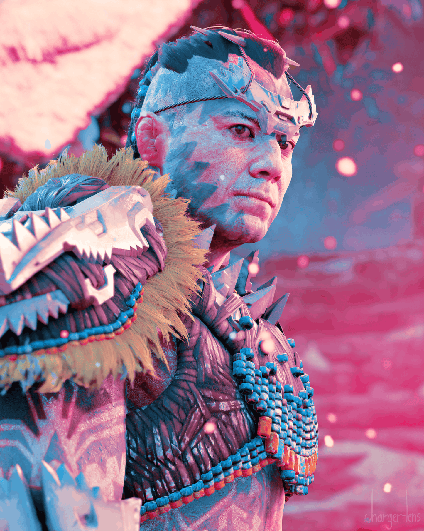 Person in elaborate tribal or fantasy costume with intricate designs and accessories against a colorful background.