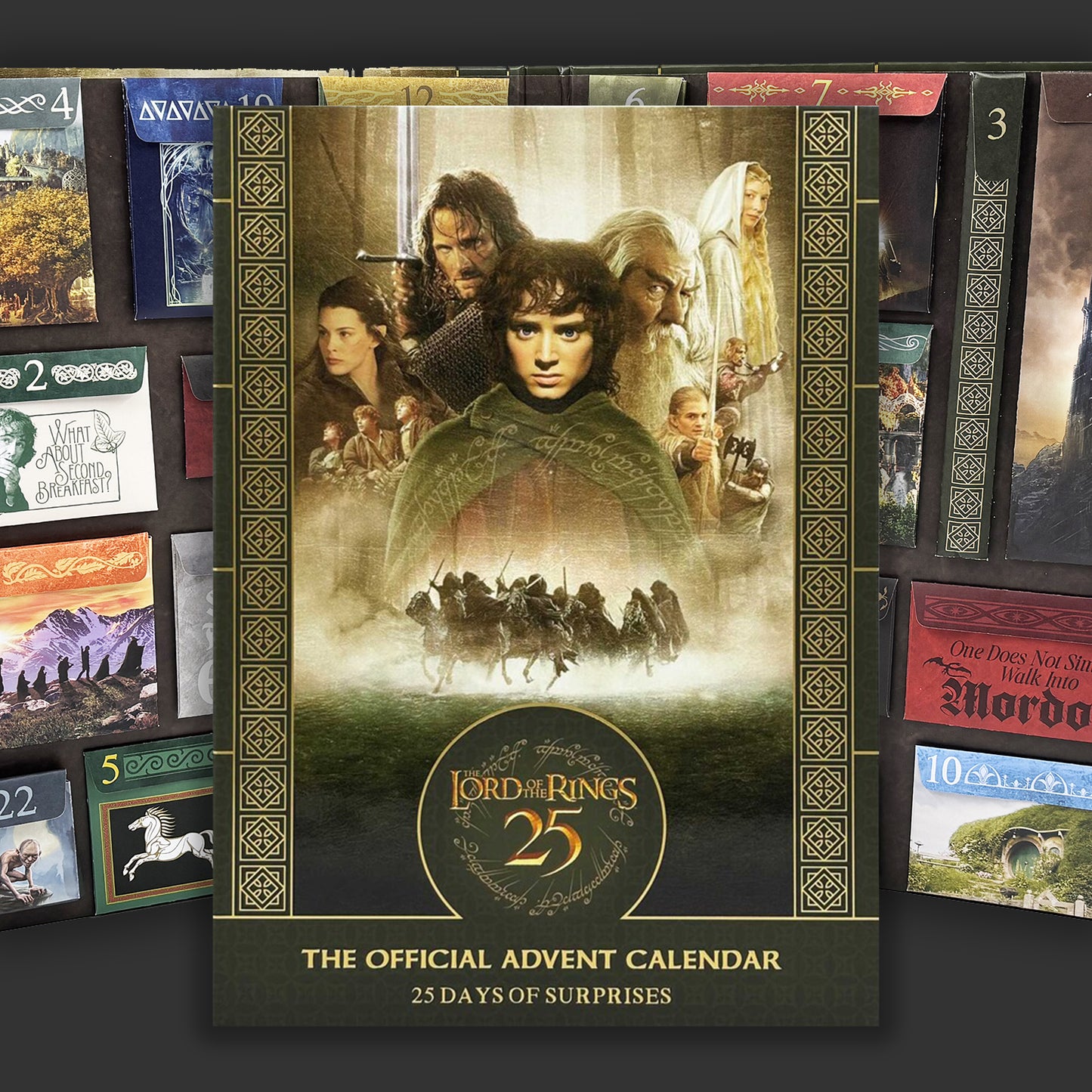 Advent calendar cover featuring characters from 'The Lord of the Rings' with decorative border.