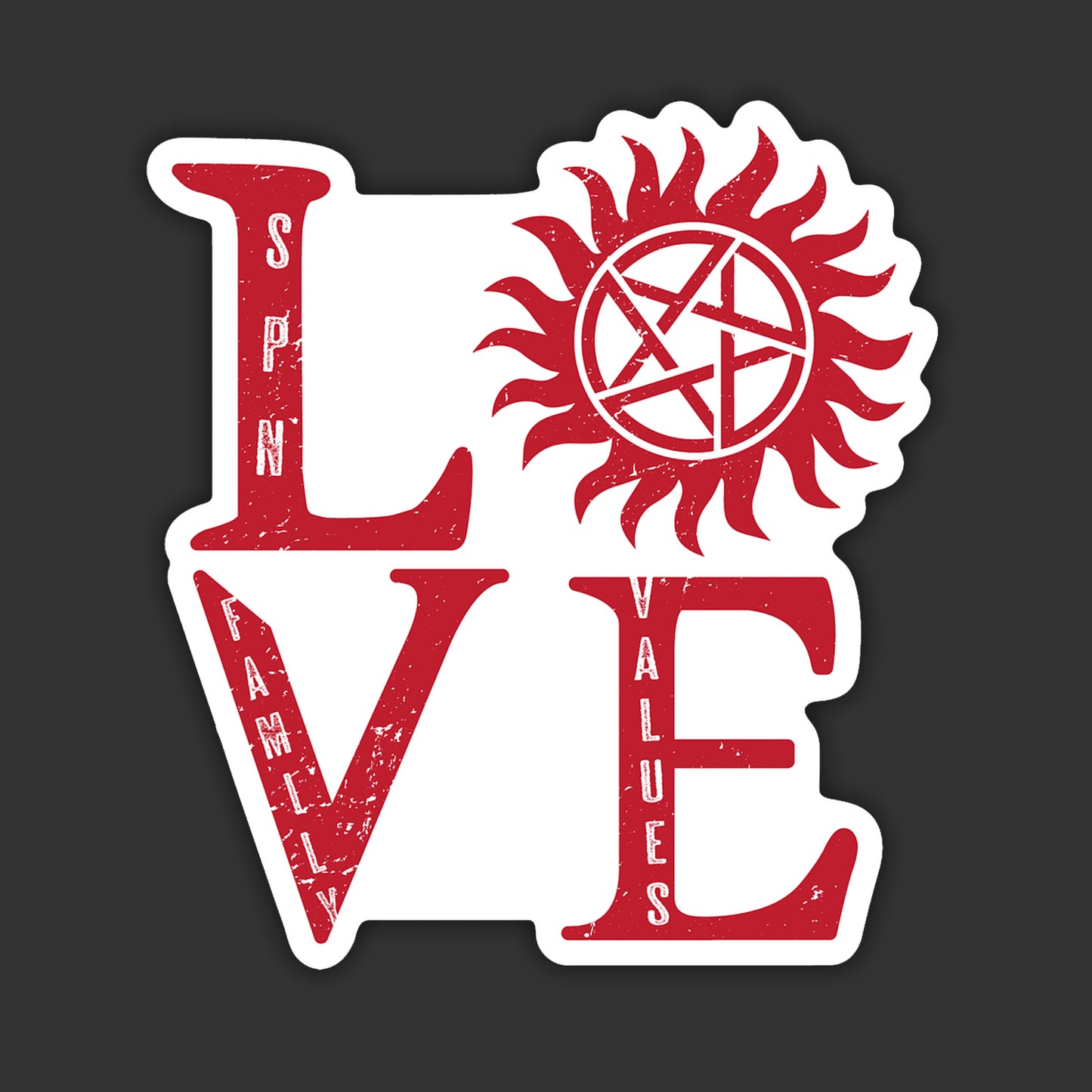 A vinyl sticker depicting the word "Love" in stacked red letters. The O is replaced with the anti-possession symbol.
